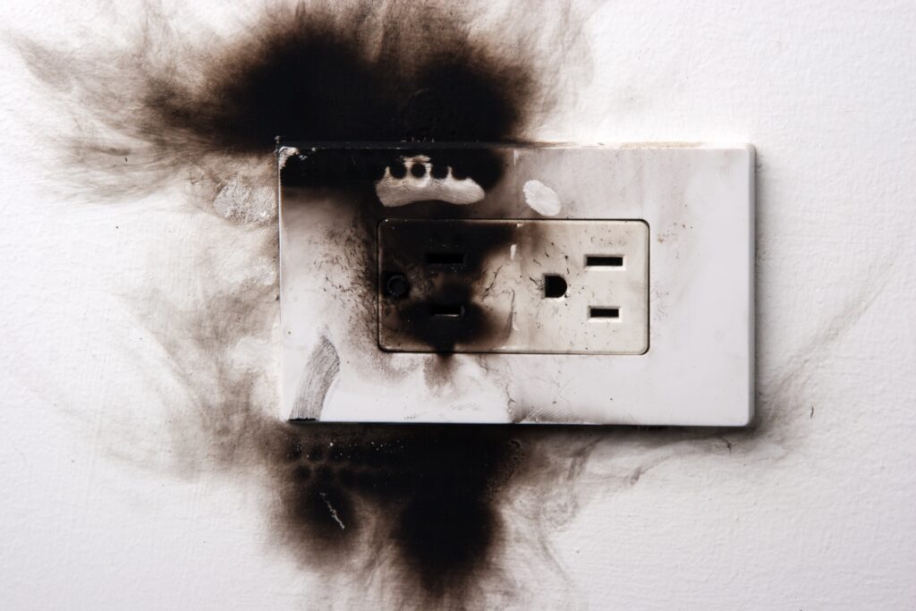 blackened outlet that has been damaged by a fire