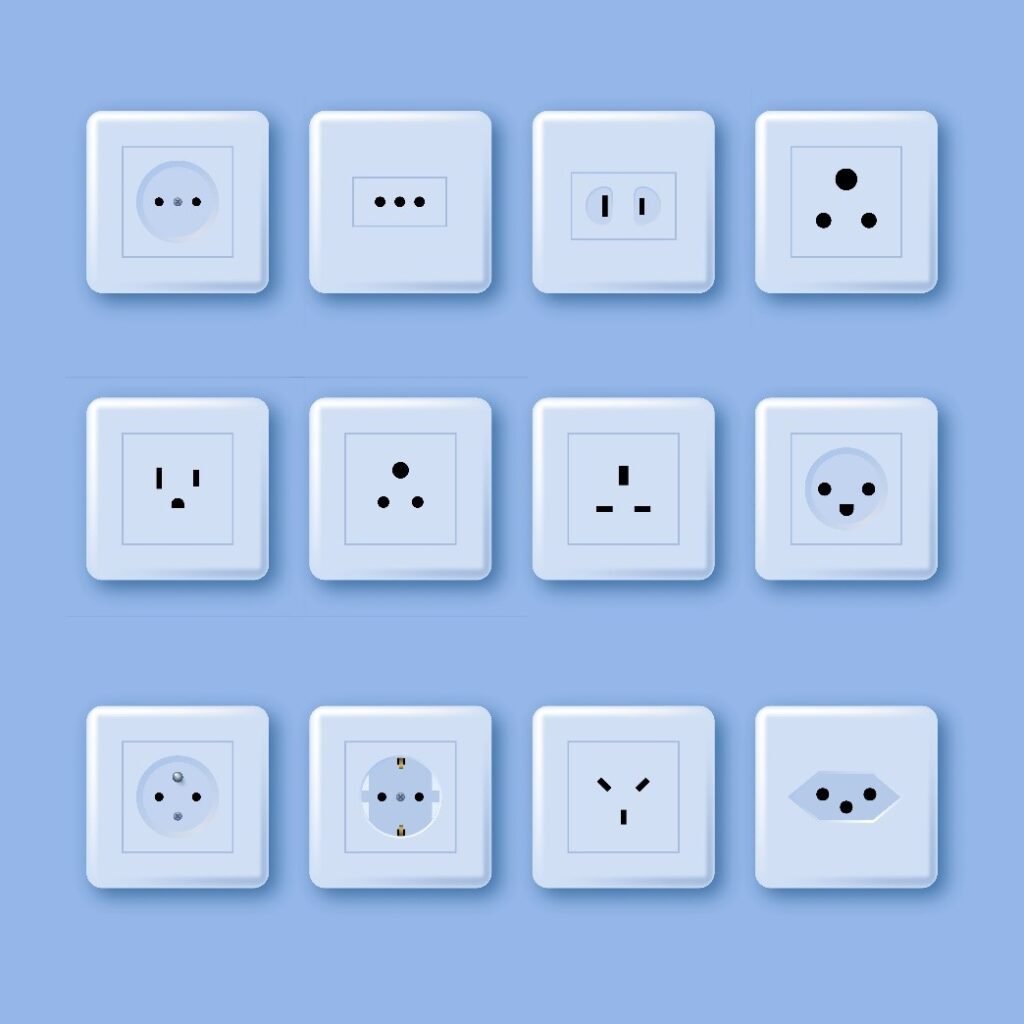 different types of electrical outlets on a blue background